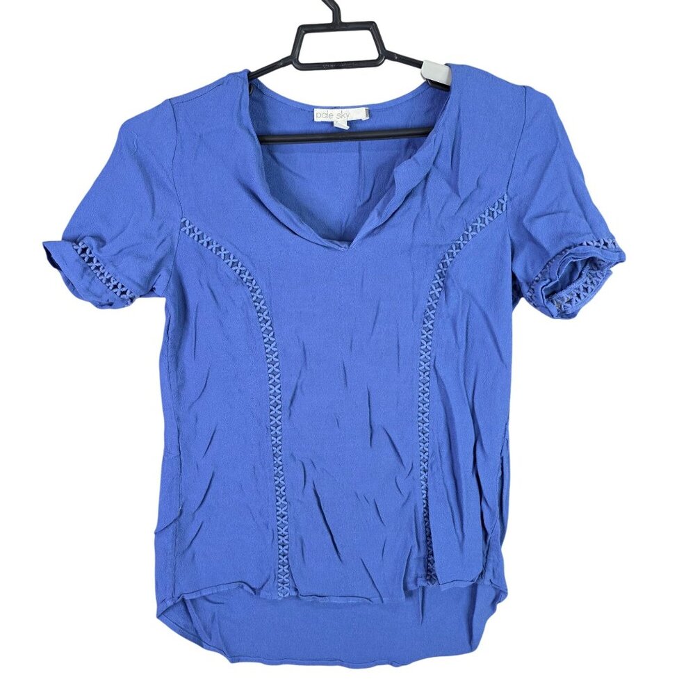 Womens Pale Sky Blue 100% Rayon Blouse V Neck Short Sleeve Cotton Lace Size M
